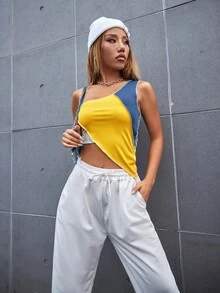 SHEIN Unity 撞色單肩針腳鎖邊不對稱下擺短款上衣 - 彩色 - 查看 6