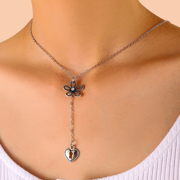 

Flower & Heart Decor Y Lariat Necklace, Silver