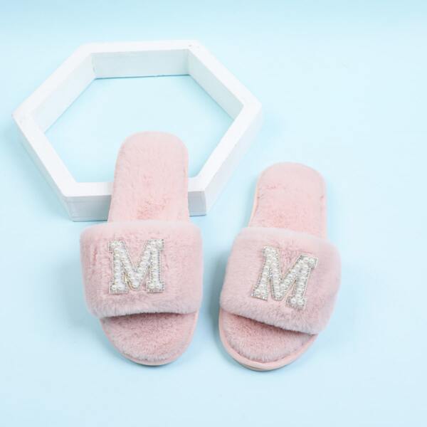 

Faux Pearl Decor Fluffy Slippers, Pink