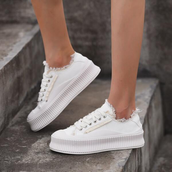 

Fray Trim Lace-up Front Sneakers, White