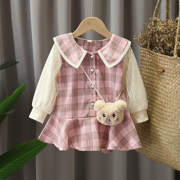 

Toddler Girls Plaid Contrast Mesh Ruffle Hem Shirt Dress With Bag, Pink