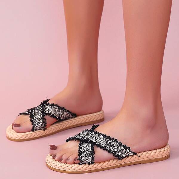 

Cross Strap Espadrille Slides, Black
