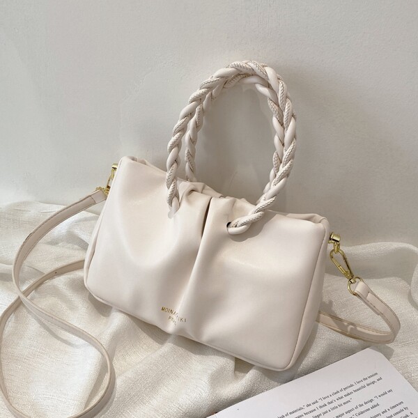 

Solid Ruched Satchel Bag, Beige