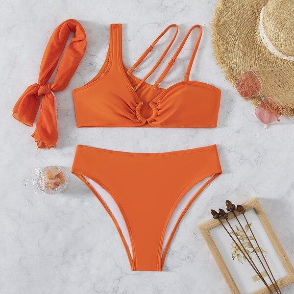 

Ring Linked Ruched Bikini Swimsuit, Orange