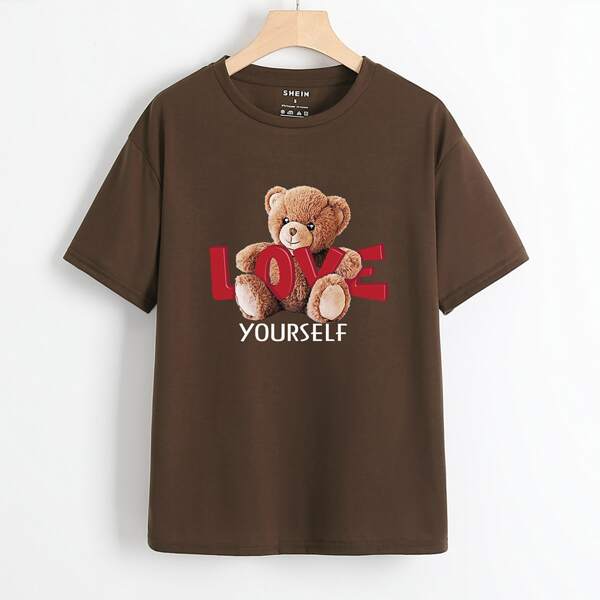 

Slogan & Cartoon Graphic Tee, Coffee brown