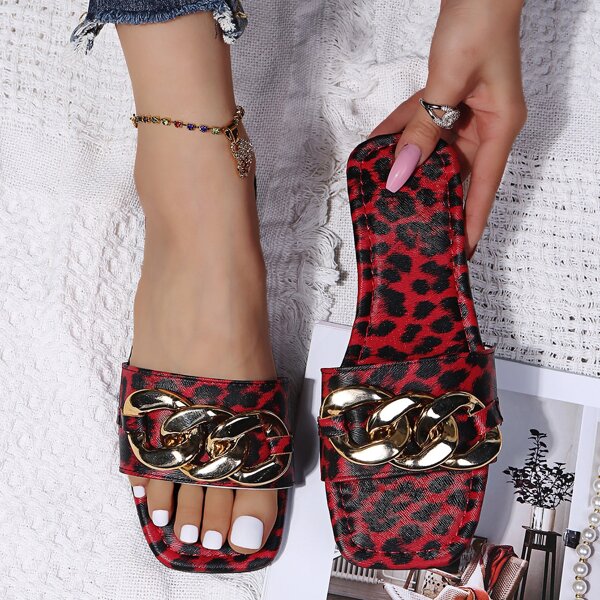 

Chain Decor Leopard Slide Sandals, Red
