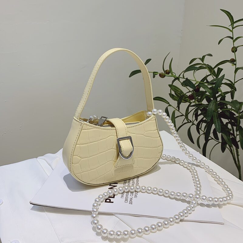 

Faux Pearl Strap Croc Embossed Satchel Bag, Yellow