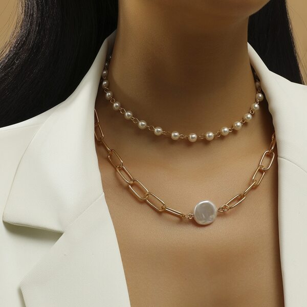 

Faux Pearl Layered Necklace, Gold