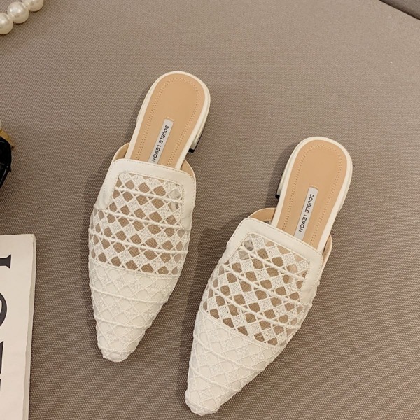 

Hollow Out Lace Loafer Mules, White