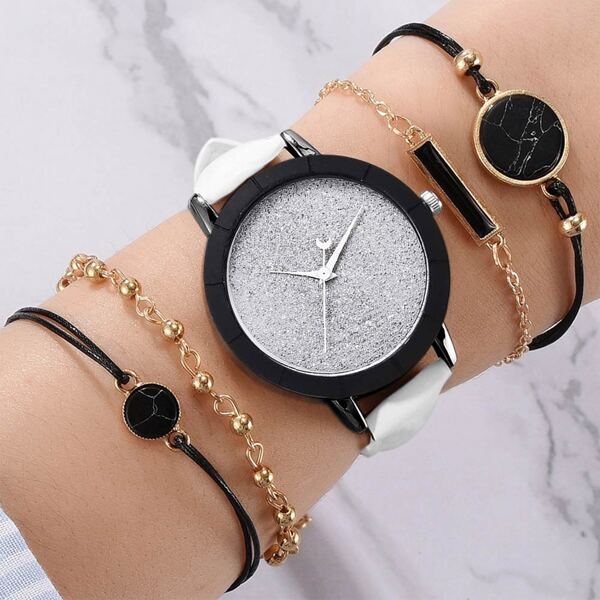 

1pc Simple Round Pointer Quartz Watch & 4pcs Bracelet