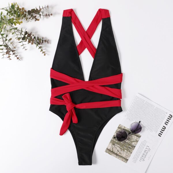 

Criss Cross Knot Plunging One Piece Swimsuit, Black