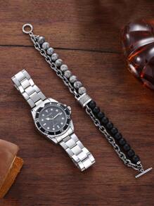 2入组新款商務個性日曆水鬼男士鋼帶石英表和合金珠串組合手鍊組合套裝 - 黑色 - 查看 2