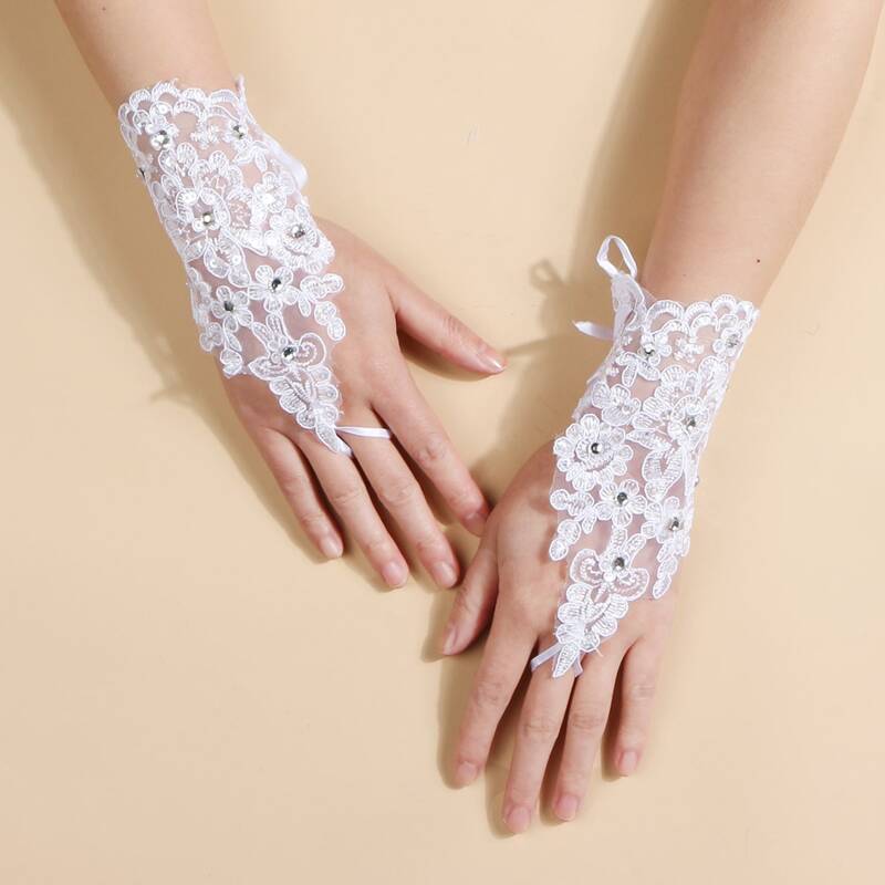 

Rhinestone Decor Floral Lace Gloves, White