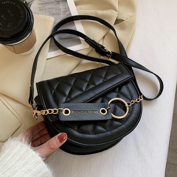 

Quilted Chain Decor Satchel Bag, Black