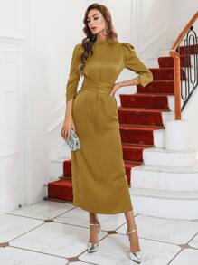 Solid Mock Neck Satin Dress - Mustard Yellow - View 2