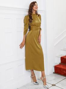 Solid Mock Neck Satin Dress - Mustard Yellow - View 3