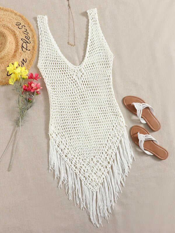 SHEIN Swim BohoFeel Fringe Hem Crochet Cover Up SHEIN USA