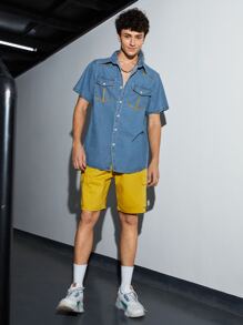 Manfinity 男士前紐扣翻蓋口袋牛仔襯衫 - 中等水洗藍 - 查看 3