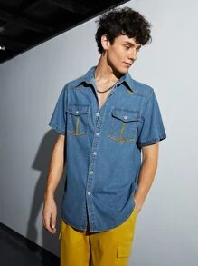 Manfinity 男士前紐扣翻蓋口袋牛仔襯衫 - 中等水洗藍 - 查看 4