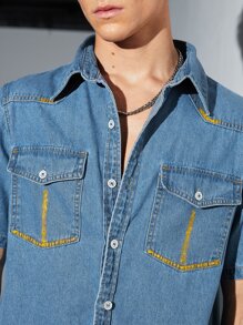 Manfinity 男士前紐扣翻蓋口袋牛仔襯衫 - 中等水洗藍 - 查看 5