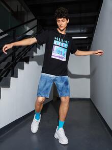 Manfinity Men Ombre Print Denim Shorts - Light Wash - View 3