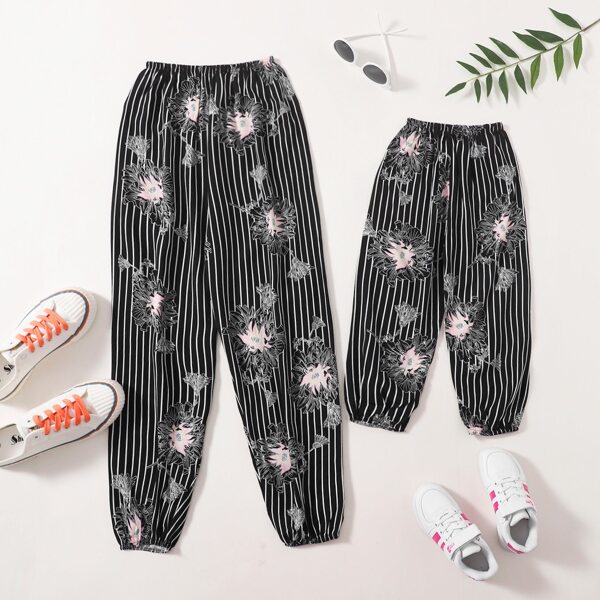 

Toddler Girls Floral And Striped Pants, Black