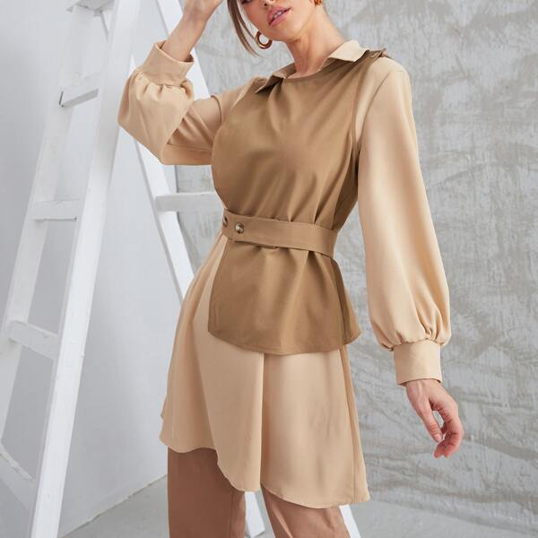 

Solid Longline Blouse & Double Button Sleeveless Top, Multicolor