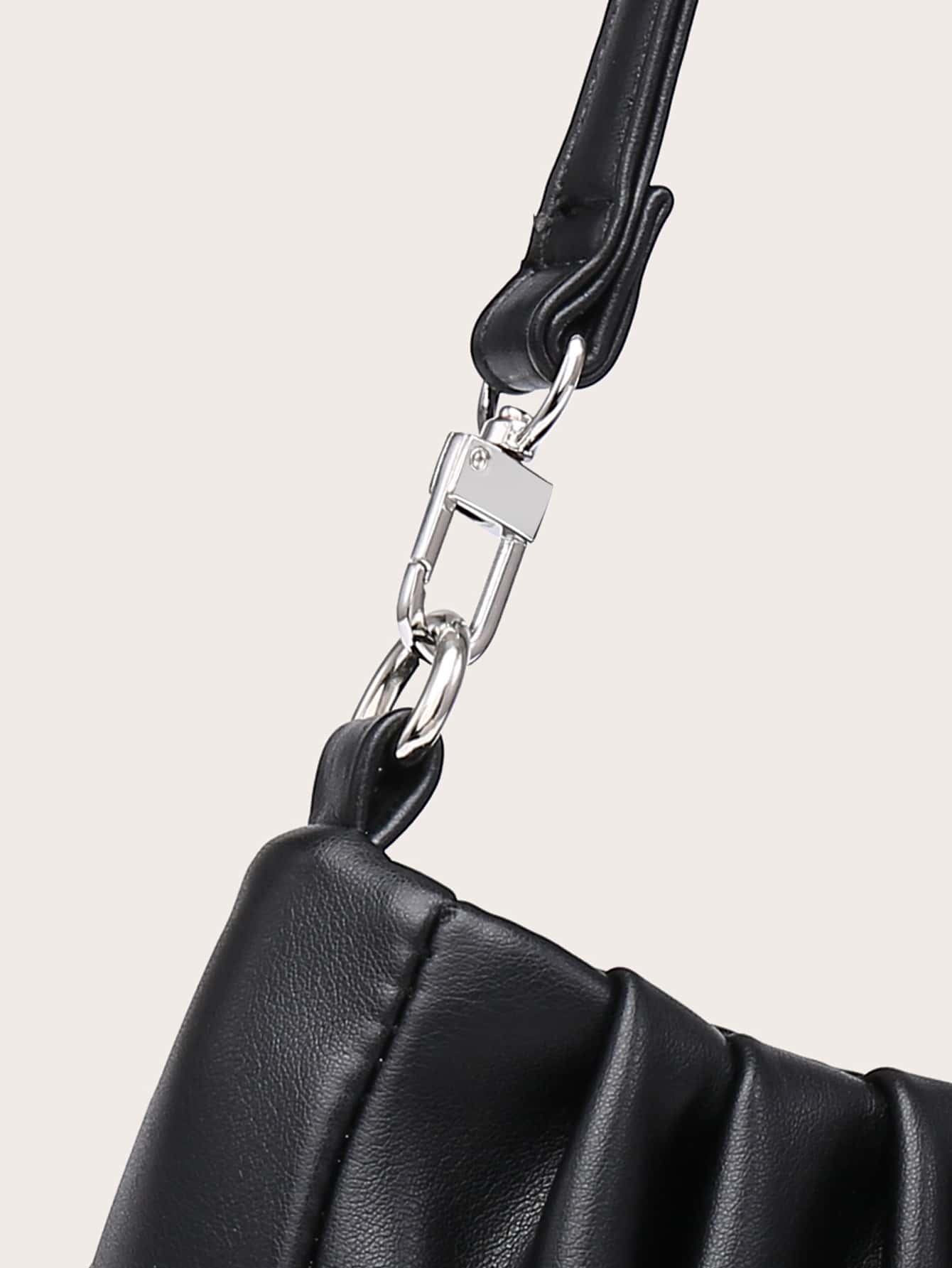 Women's Shoulder Bag, Baguette Bag, PU Pleated Fabric, Multi-Functional Front Chain Decoration, Simple And Versatile, Suitable For Commuting, Shopping And Outings.