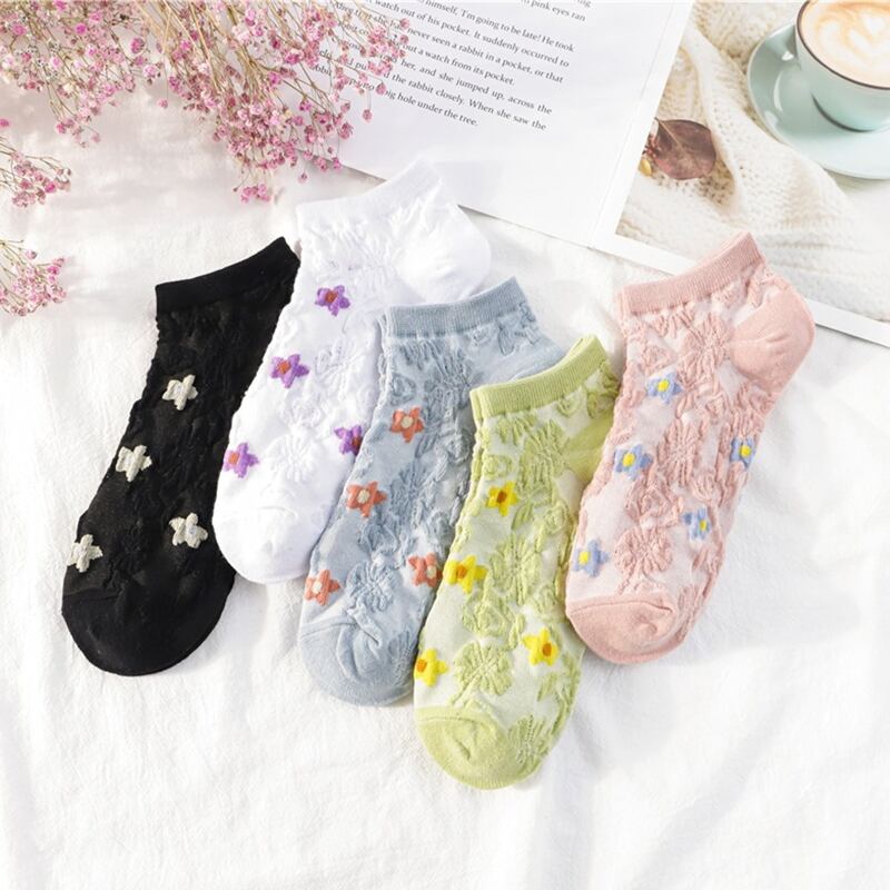 

5pairs Flower Pattern Ankle Socks, Multicolor