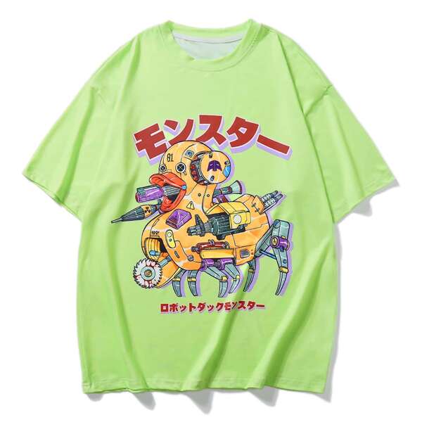 

Men Japanese Letter And Graphic Print Tee, Lime green