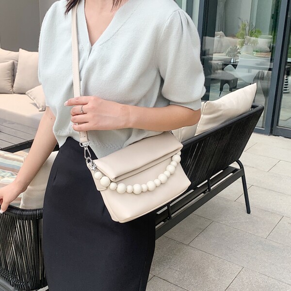 

Bead Decor Shoulder Bag, Beige