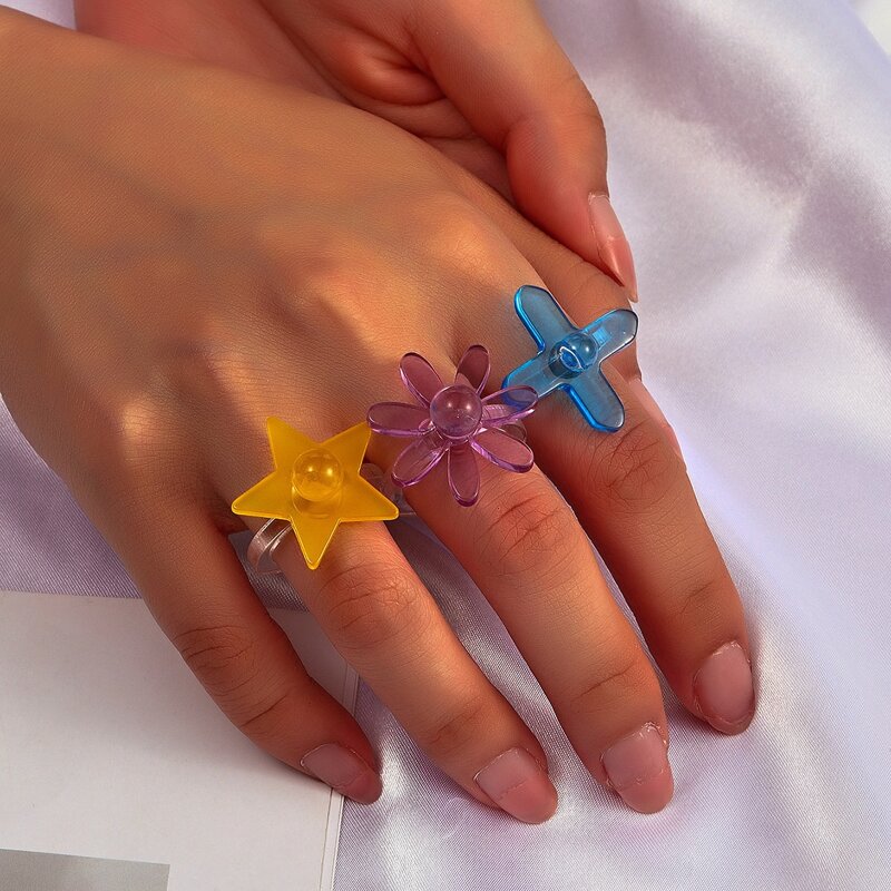 

3pcs Star & Floral Design Ring, Multicolor