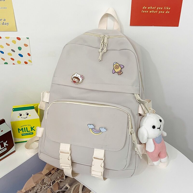 

Pocket Front Backpack With Bag Charm, Beige