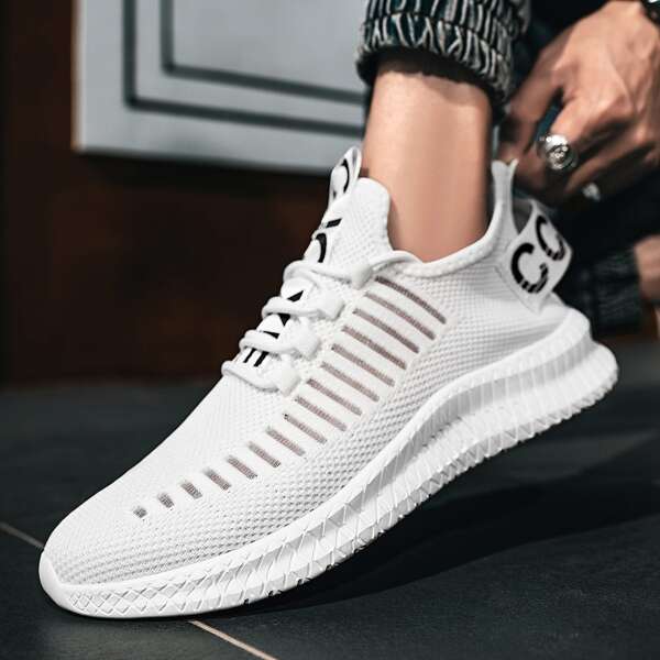 

Men Striped Lace-up Decor Sneakers, White