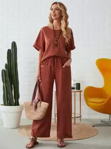 SHEIN LUNE Rolled Cuff Top And Patch Pocket Trousers Set - Rust Brown - View 1