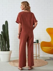 SHEIN LUNE Rolled Cuff Top And Patch Pocket Trousers Set - Rust Brown - View 3