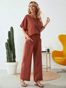 SHEIN LUNE Rolled Cuff Top And Patch Pocket Trousers Set - Rust Brown - View 2