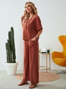 SHEIN LUNE Rolled Cuff Top And Patch Pocket Trousers Set - Rust Brown - View 4