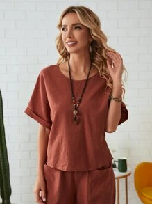 SHEIN LUNE Rolled Cuff Top And Patch Pocket Trousers Set - Rust Brown - View 5