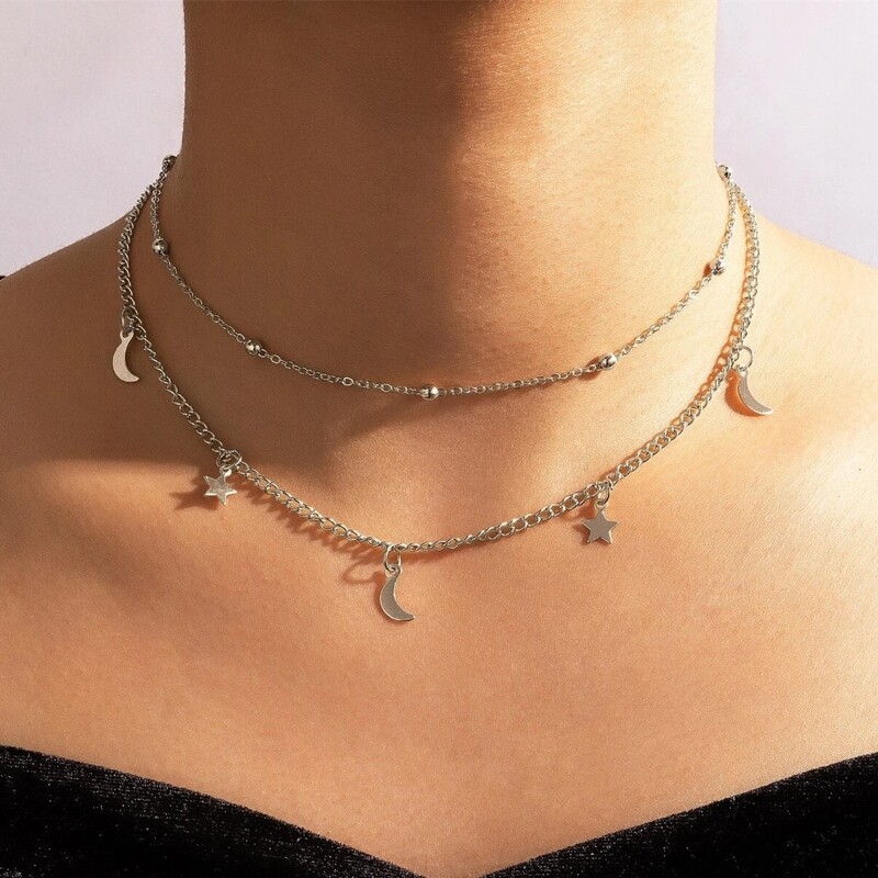 

Star & Moon Charm Layered Necklace, Silver