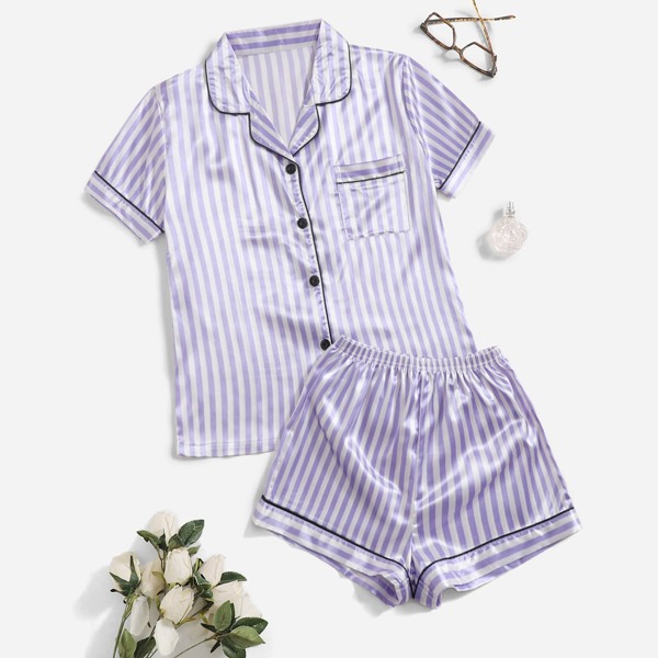 

Vertical Stripe Pocket Button Front Satin Night Set, Lilac purple