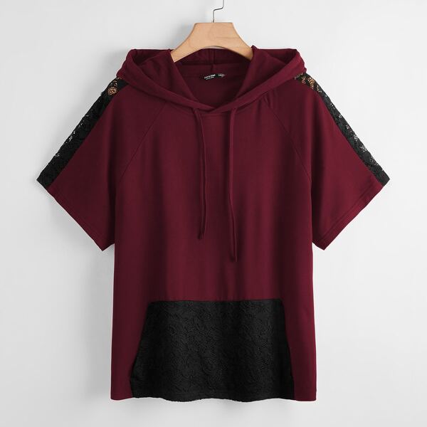 

Plus Contrast Lace Kangaroo Pocket Drawstring Hooded Tee, Maroon