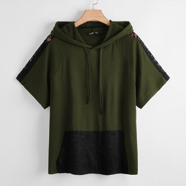 

Plus Contrast Lace Kangaroo Pocket Drawstring Hooded Tee, Army green
