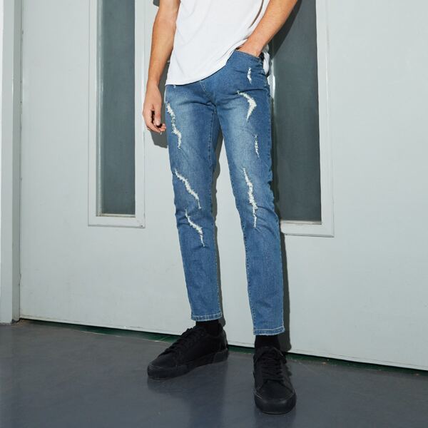

Men Ripped Straight Leg Jeans, Medium wash