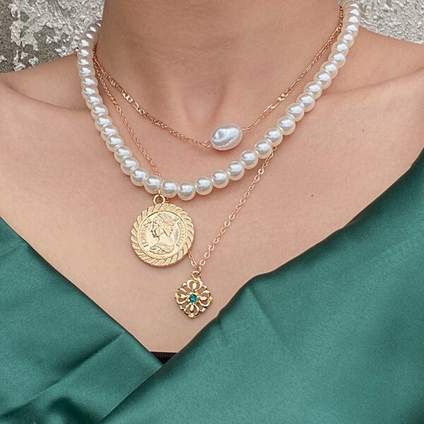 

3pcs Faux Pearl Decor Necklace, Multicolor