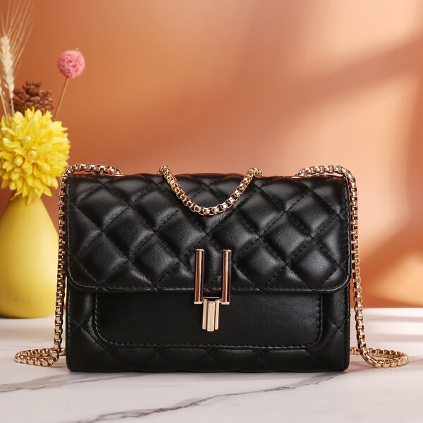 

Metal Lock Quilted Chain Shoulder Bag, Black