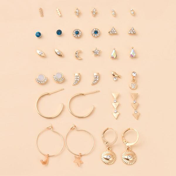 

16pairs Rhinestone Detail Earrings, Multicolor