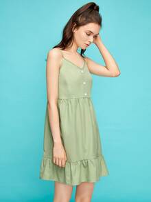 ROMWE Solid Button Dress - Lime Green - View 4