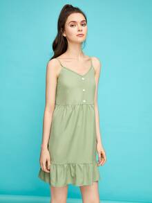 ROMWE Solid Button Dress - Lime Green - View 5