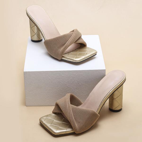 

Twist Decor Braided Embossed Chunky Heeled Mules, Khaki